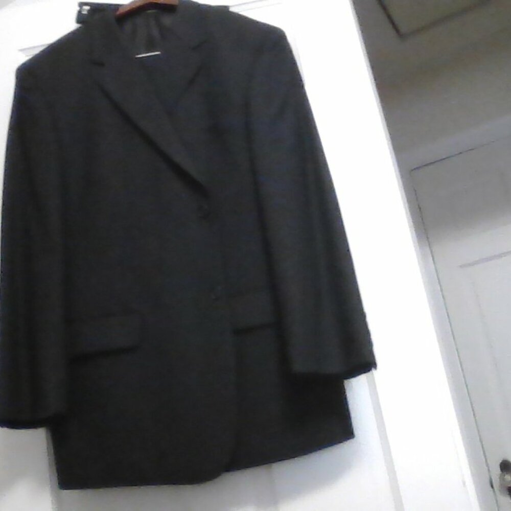 Charcoal Alfani with grey pinstripes. Jacket is a 48, Pants are 38